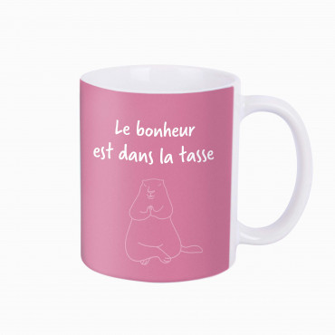 Mug rose avec citation "le bonheur est dans la tasse"