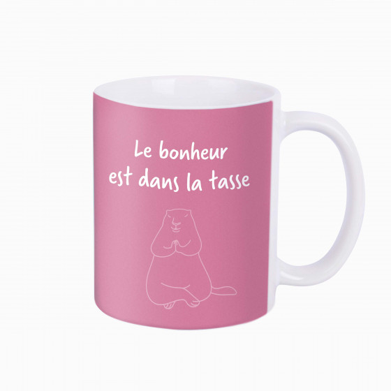 Mug rose avec citation "le bonheur est dans la tasse"