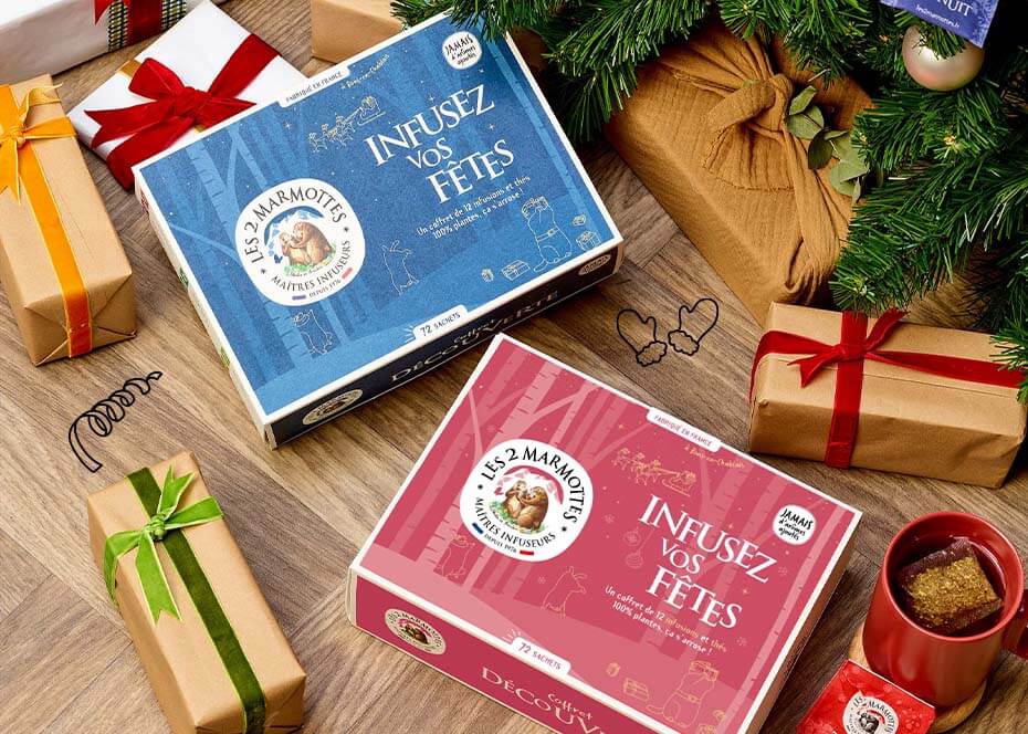 Cadeaux de Noël Les 2 Marmottes - idées de coffrets cadeaux tisanes et infusions sous le sapin